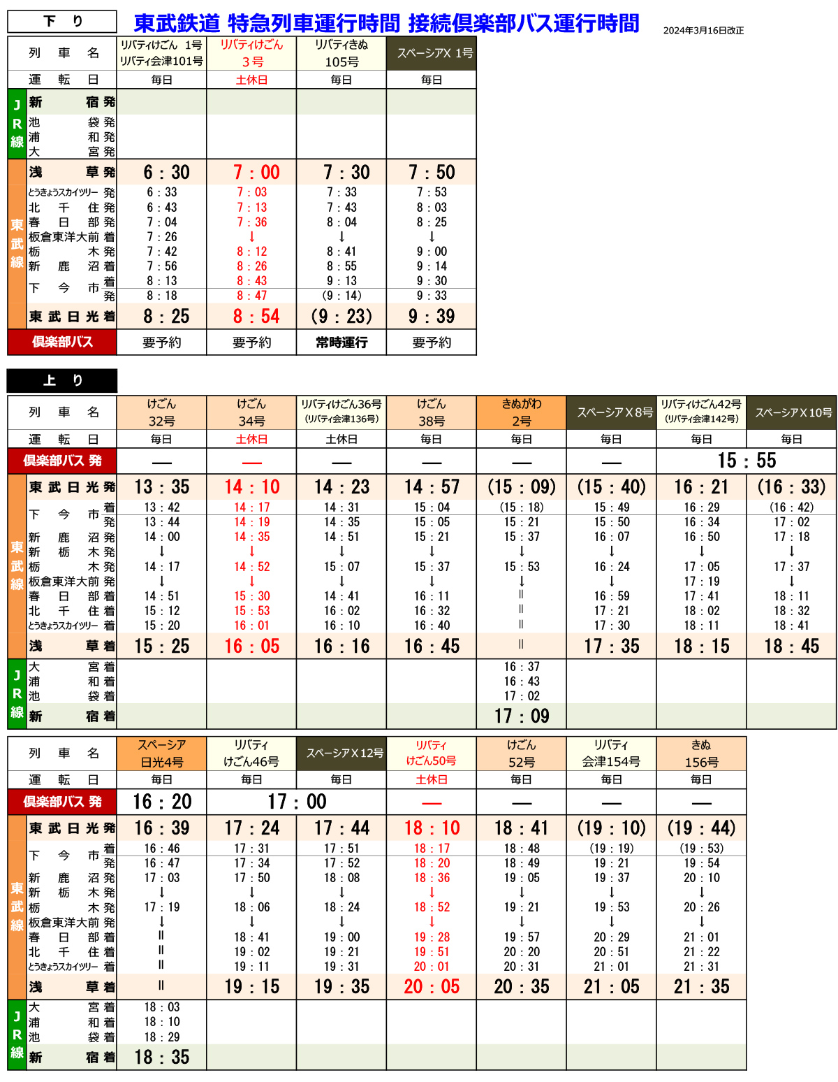 東武鉄道 特急列車運行時間 接続倶楽部バス運行時間